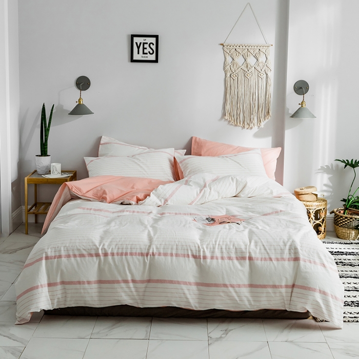 91家纺网 家纺一手货源 找家纺 蓝巢家纺 2019新品加厚水洗棉双拼款四件套贝拉粉