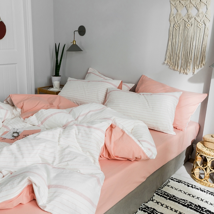 91家纺网 家纺一手货源 找家纺 蓝巢家纺 2019新品加厚水洗棉双拼款四件套贝拉粉