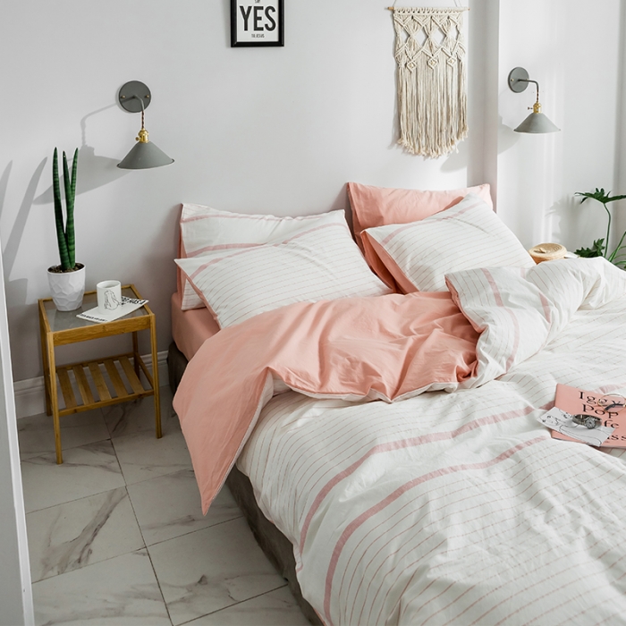 91家纺网 家纺一手货源 找家纺 蓝巢家纺 2019新品加厚水洗棉双拼款四件套贝拉粉