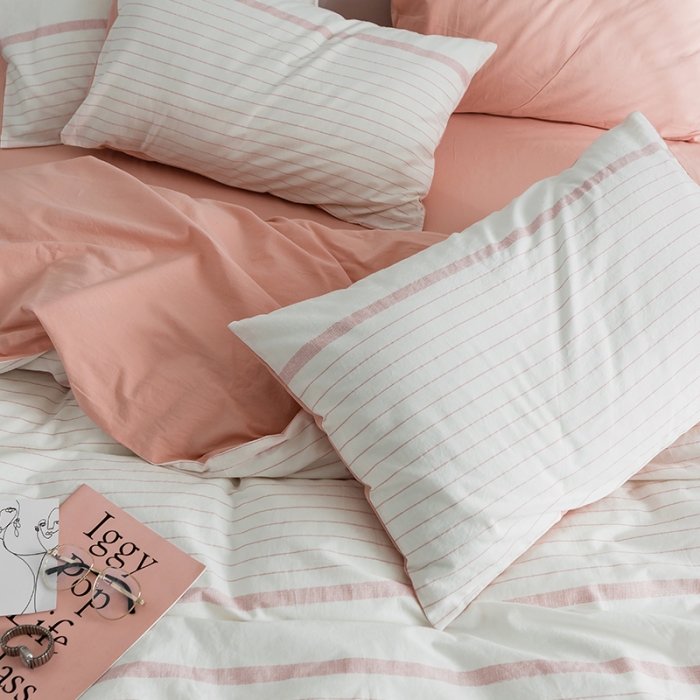 91家纺网 家纺一手货源 找家纺 蓝巢家纺 2019新品加厚水洗棉双拼款四件套贝拉粉