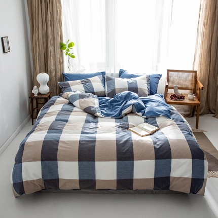 91家纺网 家纺一手货源 找家纺 蓝巢家纺 2019新品加厚水洗棉双拼款四件套 蓝调格