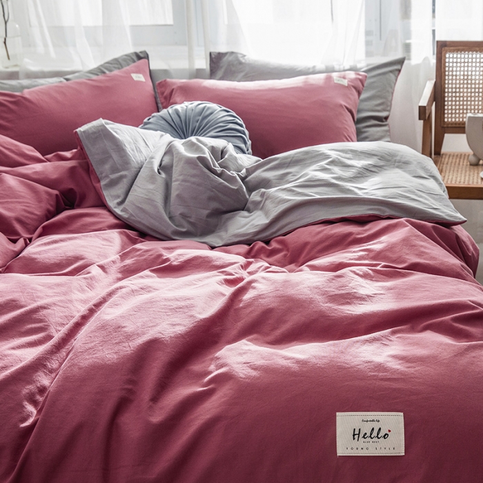 91家纺网 家纺一手货源 找家纺 蓝巢家纺 2019新品加厚水洗棉双拼款四件套海棠红浅灰