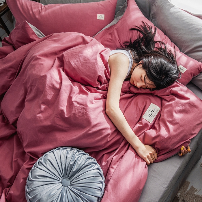 91家纺网 家纺一手货源 找家纺 蓝巢家纺 2019新品加厚水洗棉双拼款四件套海棠红浅灰