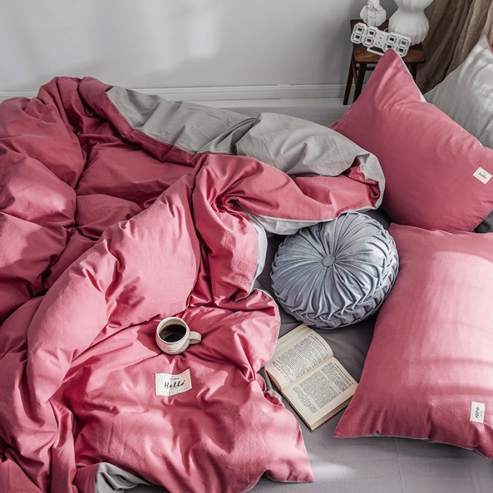 91家纺网 家纺一手货源 找家纺 蓝巢家纺 2019新品加厚水洗棉双拼款四件套海棠红浅灰