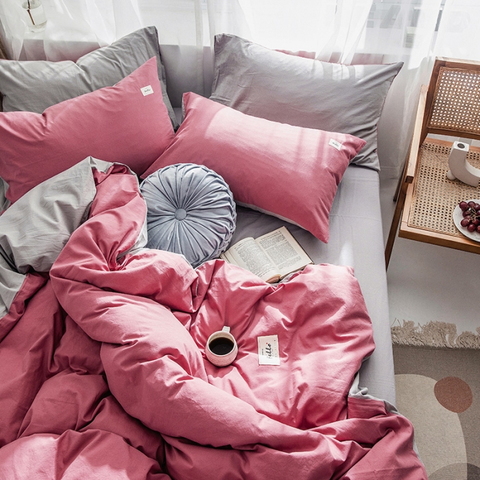 91家纺网 家纺一手货源 找家纺 蓝巢家纺 2019新品加厚水洗棉双拼款四件套海棠红浅灰