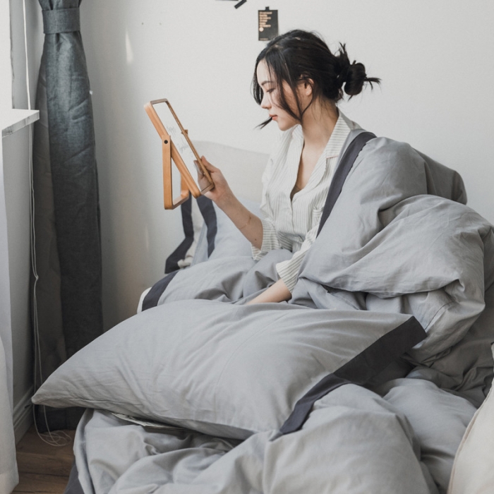 91家纺网 家纺一手货源 找家纺 蓝巢家纺 全棉水洗棉床单款四件套 年轮-浅灰