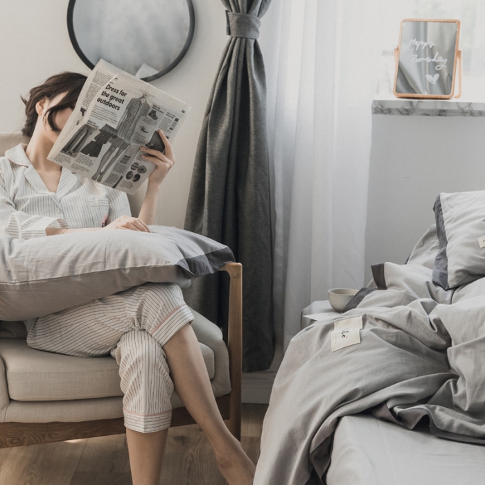 91家纺网 家纺一手货源 找家纺 蓝巢家纺 全棉水洗棉床单款四件套 年轮-浅灰