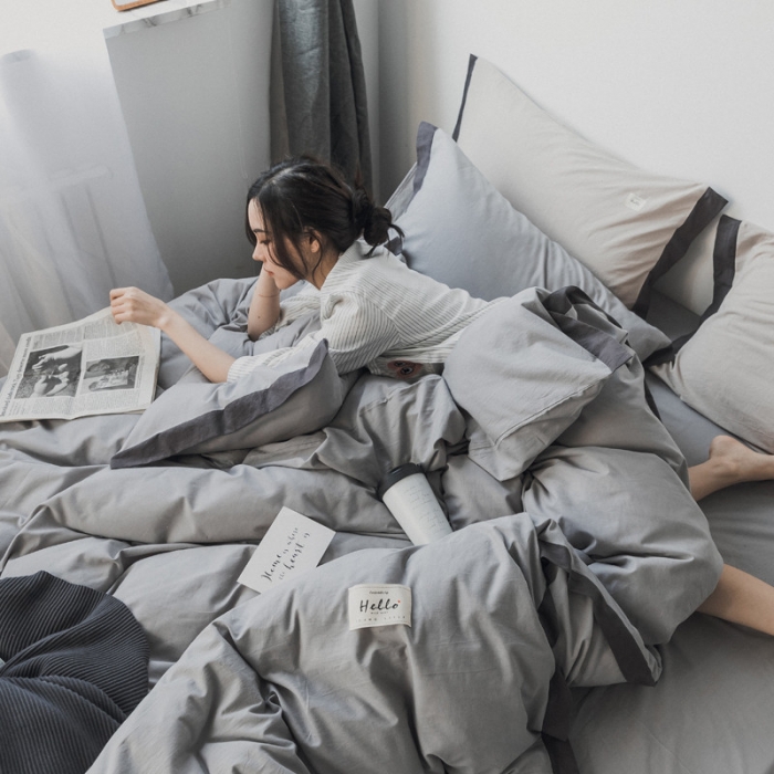 91家纺网 家纺一手货源 找家纺 蓝巢家纺 全棉水洗棉床单款四件套 年轮-浅灰