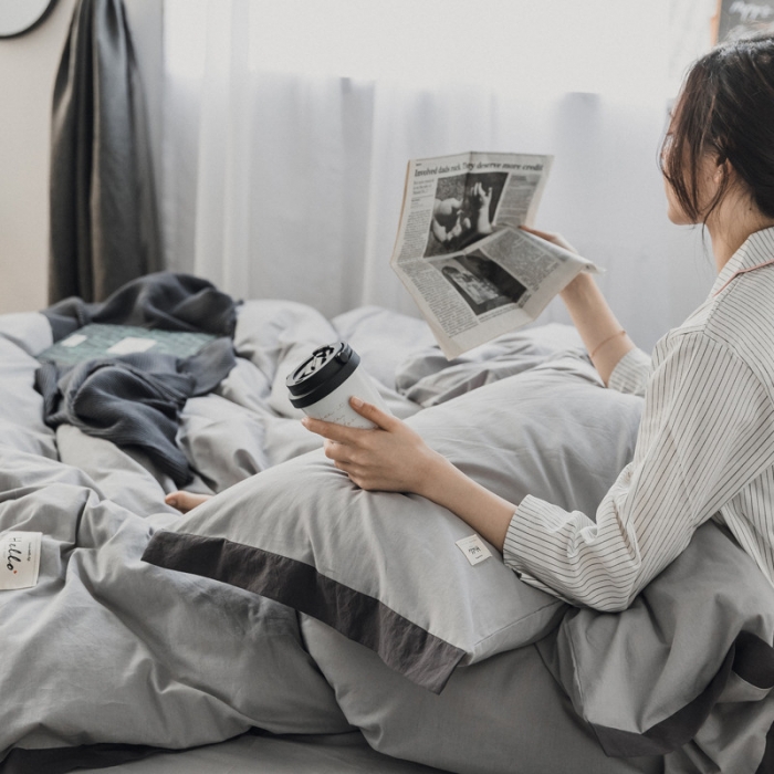 91家纺网 家纺一手货源 找家纺 蓝巢家纺 全棉水洗棉床单款四件套 年轮-浅灰