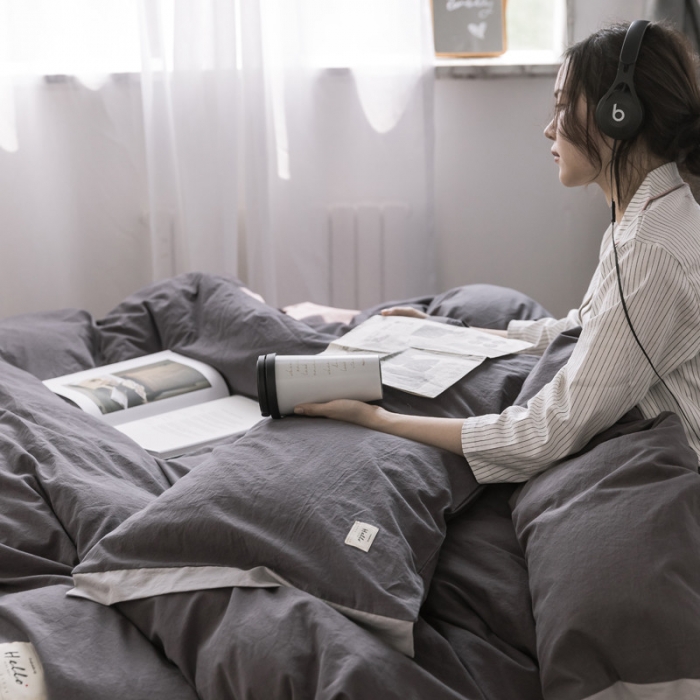 91家纺网 家纺一手货源 找家纺 蓝巢家纺 全棉水洗棉床单款四件套 绅士-深灰