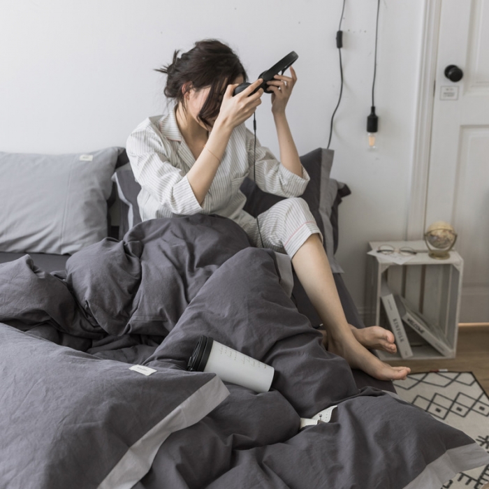 91家纺网 家纺一手货源 找家纺 蓝巢家纺 全棉水洗棉床单款四件套 绅士-深灰