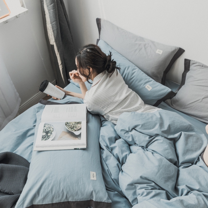 91家纺网 家纺一手货源 找家纺 蓝巢家纺 全棉水洗棉床单款四件套 忧郁-湖蓝