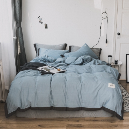 蓝巢家纺 全棉水洗棉床单款四件套 忧郁-湖蓝