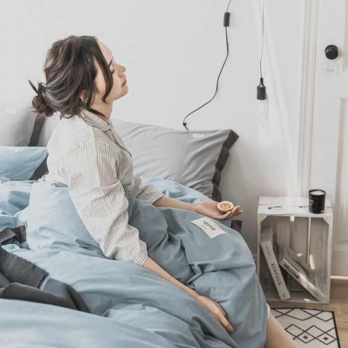 91家纺网 家纺一手货源 找家纺 蓝巢家纺 全棉水洗棉床单款四件套 忧郁-湖蓝