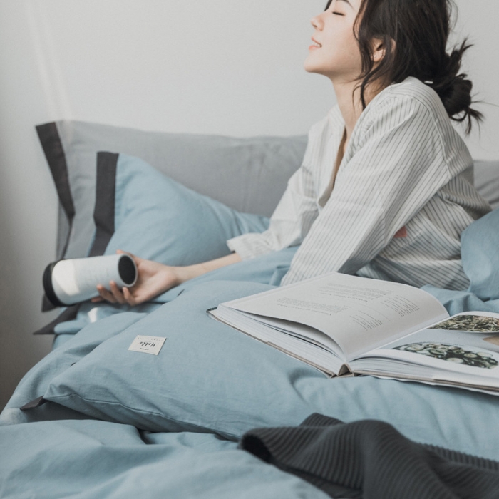 91家纺网 家纺一手货源 找家纺 蓝巢家纺 全棉水洗棉床单款四件套 忧郁-湖蓝