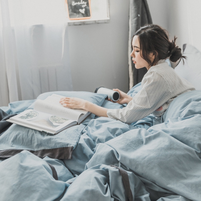 91家纺网 家纺一手货源 找家纺 蓝巢家纺 全棉水洗棉床单款四件套 忧郁-湖蓝