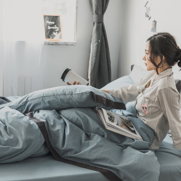 91家纺网 家纺一手货源 找家纺 蓝巢家纺 全棉水洗棉床单款四件套 忧郁-湖蓝