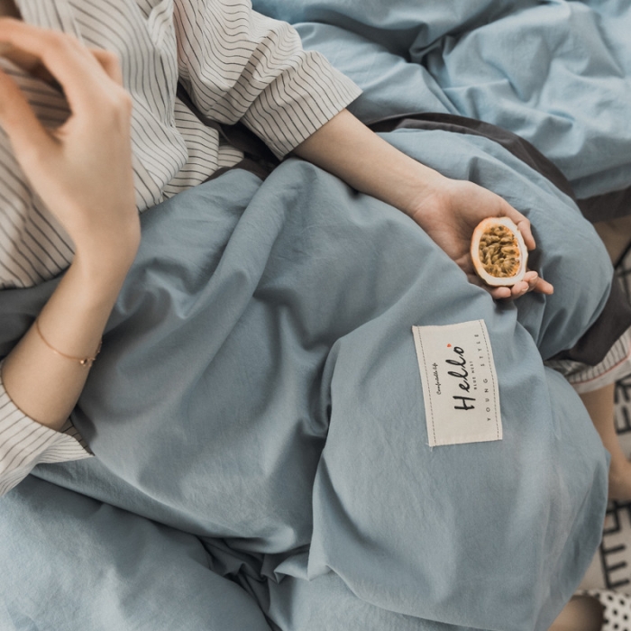 91家纺网 家纺一手货源 找家纺 蓝巢家纺 全棉水洗棉床单款四件套 忧郁-湖蓝