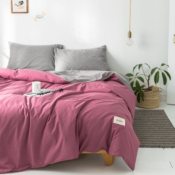 91家纺网 家纺一手货源 找家纺 蓝巢家纺 水洗棉全棉单品系列被套 海棠红浅灰