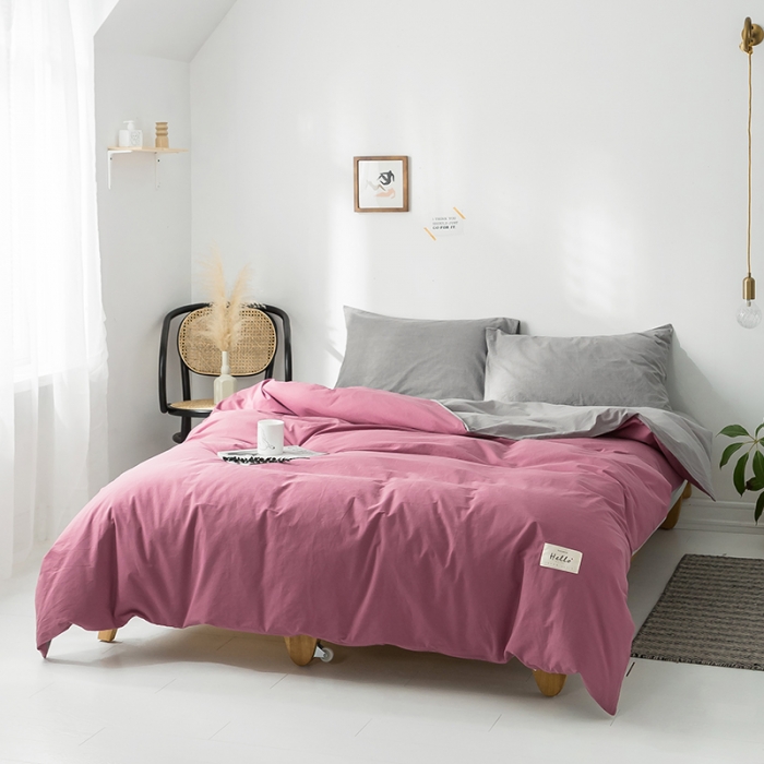 91家纺网 家纺一手货源 找家纺 蓝巢家纺 水洗棉全棉单品系列被套 海棠红浅灰