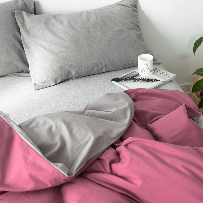 91家纺网 家纺一手货源 找家纺 蓝巢家纺 水洗棉全棉单品系列被套 海棠红浅灰