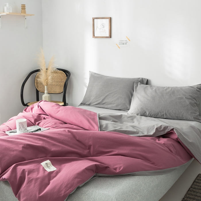 91家纺网 家纺一手货源 找家纺 蓝巢家纺 水洗棉全棉单品系列被套 海棠红浅灰