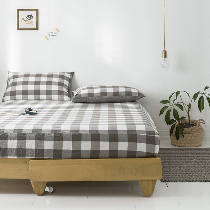 91家纺网 家纺一手货源 找家纺 蓝巢家纺 水洗棉全棉单品系列床笠 灰中格