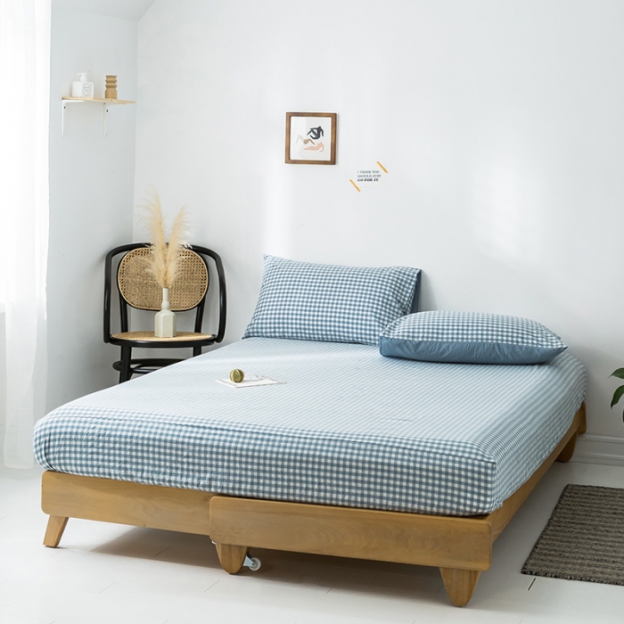 91家纺网 家纺一手货源 找家纺 蓝巢家纺 水洗棉全棉单品系列床笠 蓝小格