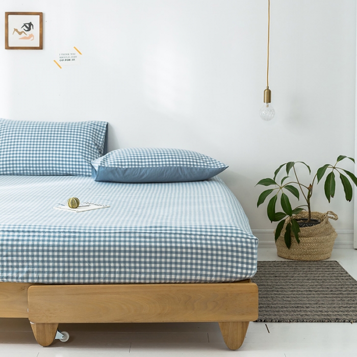 91家纺网 家纺一手货源 找家纺 蓝巢家纺 水洗棉全棉单品系列床笠 蓝小格