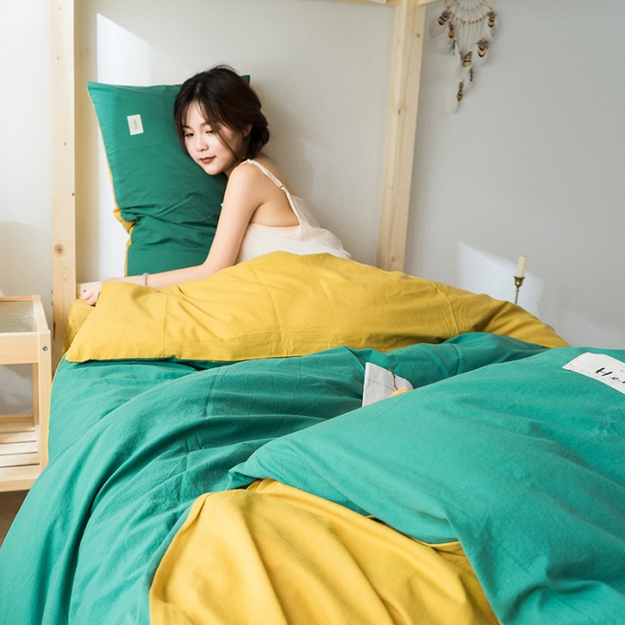 91家纺网 家纺一手货源 找家纺 蓝巢家纺 全棉水洗棉学生季三件套 墨绿杏黄
