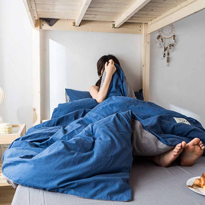 91家纺网 家纺一手货源 找家纺 蓝巢家纺 全棉水洗棉学生季三件套 牛仔蓝浅灰