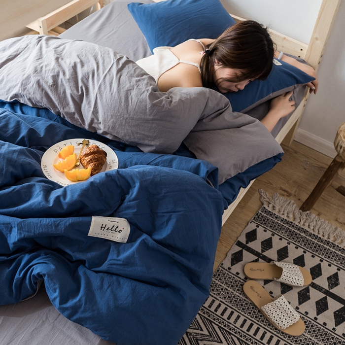 91家纺网 家纺一手货源 找家纺 蓝巢家纺 全棉水洗棉学生季三件套 牛仔蓝浅灰