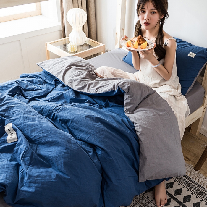 91家纺网 家纺一手货源 找家纺 蓝巢家纺 全棉水洗棉学生季三件套 牛仔蓝浅灰