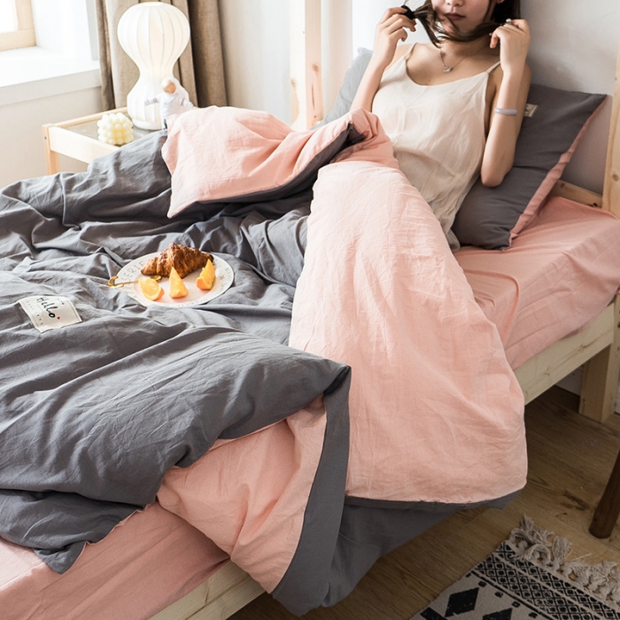 91家纺网 家纺一手货源 找家纺 蓝巢家纺 全棉水洗棉学生季三件套 浅灰粉