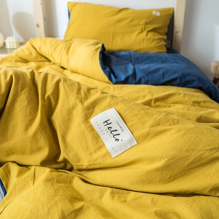 91家纺网 家纺一手货源 找家纺 蓝巢家纺 全棉水洗棉学生季三件套 杏黄牛仔蓝