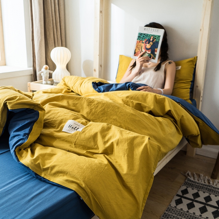 91家纺网 家纺一手货源 找家纺 蓝巢家纺 全棉水洗棉学生季三件套 杏黄牛仔蓝