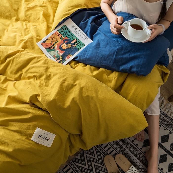 91家纺网 家纺一手货源 找家纺 蓝巢家纺 全棉水洗棉学生季三件套 杏黄牛仔蓝