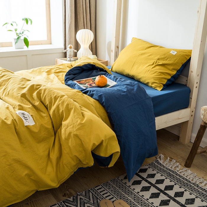 91家纺网 家纺一手货源 找家纺 蓝巢家纺 全棉水洗棉学生季三件套 杏黄牛仔蓝