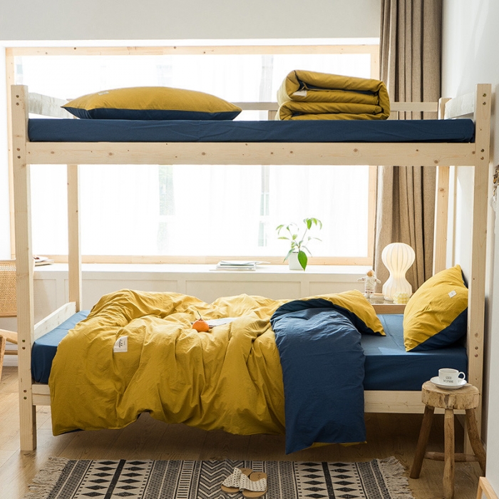 91家纺网 家纺一手货源 找家纺 蓝巢家纺 全棉水洗棉学生季三件套 杏黄牛仔蓝