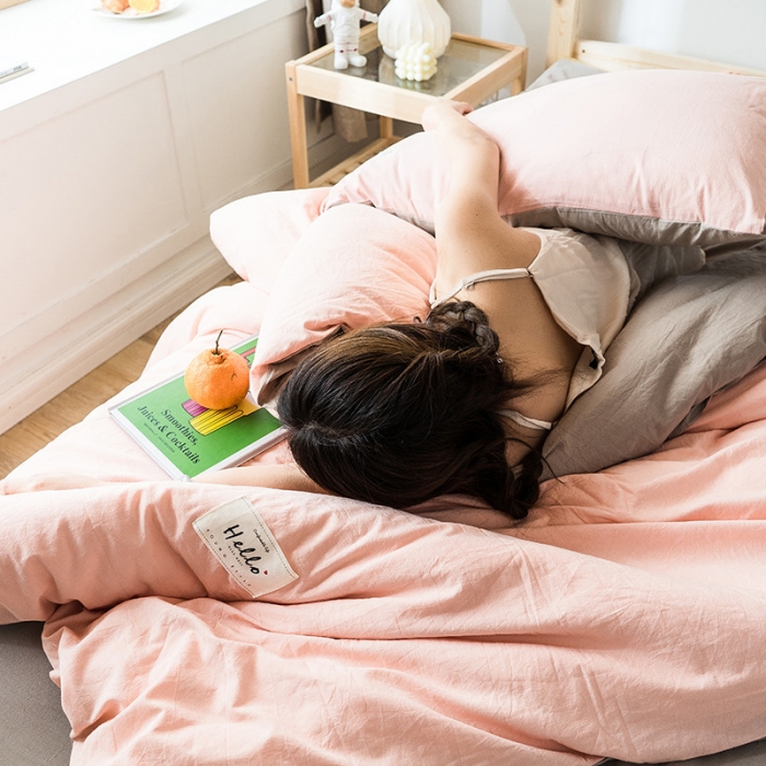 91家纺网 家纺一手货源 找家纺 蓝巢家纺 全棉水洗棉学生季三件套 粉卡其