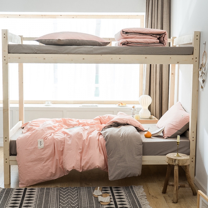 91家纺网 家纺一手货源 找家纺 蓝巢家纺 全棉水洗棉学生季三件套 粉卡其