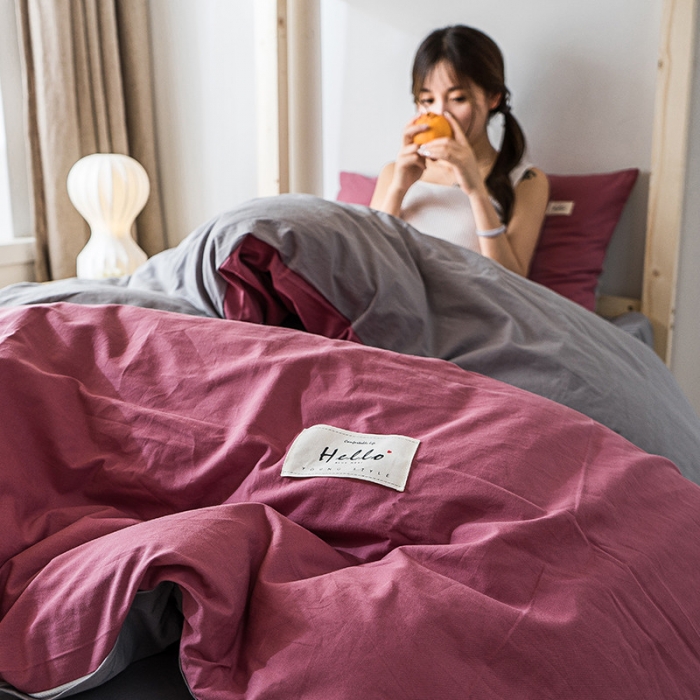 91家纺网 家纺一手货源 找家纺 蓝巢家纺 全棉水洗棉学生季三件套 海棠红浅灰