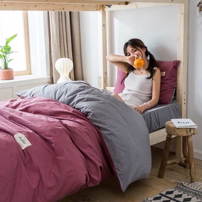 91家纺网 家纺一手货源 找家纺 蓝巢家纺 全棉水洗棉学生季三件套 海棠红浅灰