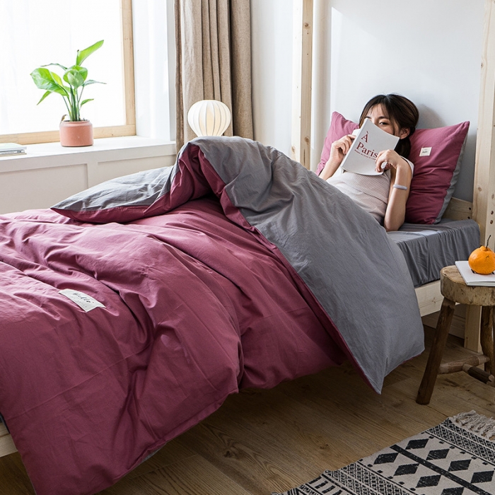 91家纺网 家纺一手货源 找家纺 蓝巢家纺 全棉水洗棉学生季三件套 海棠红浅灰