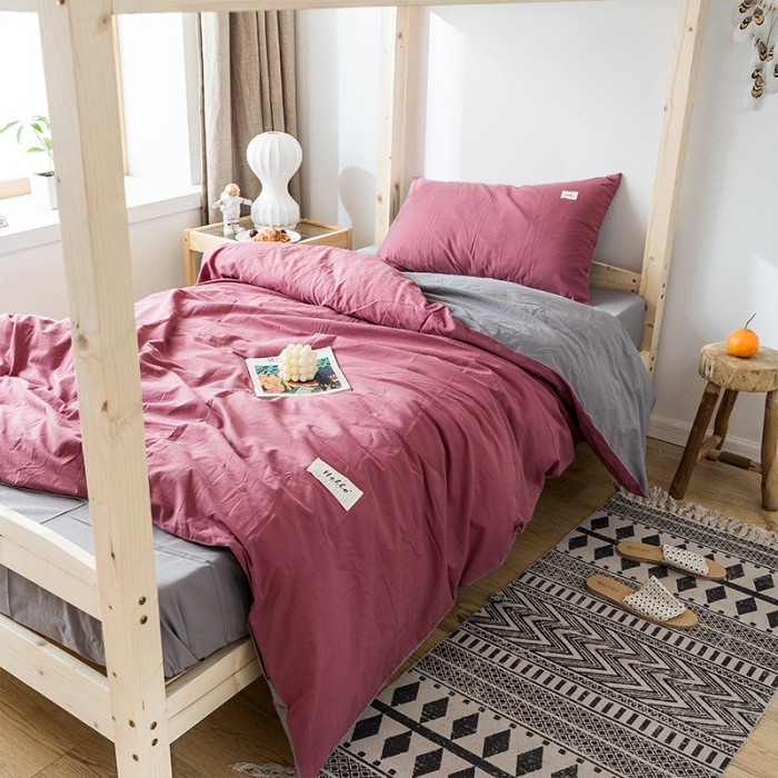 91家纺网 家纺一手货源 找家纺 蓝巢家纺 全棉水洗棉学生季三件套 海棠红浅灰