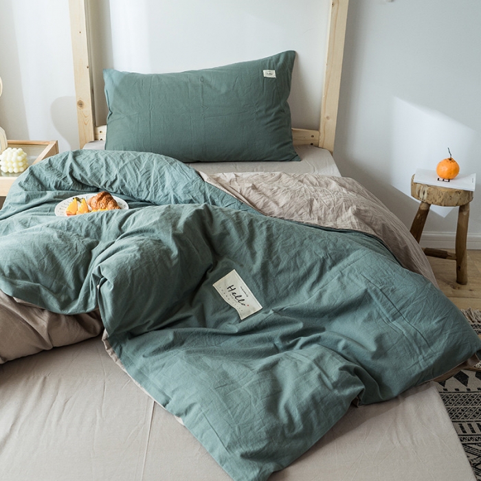 91家纺网 家纺一手货源 找家纺 蓝巢家纺 全棉水洗棉学生季三件套 绿卡其