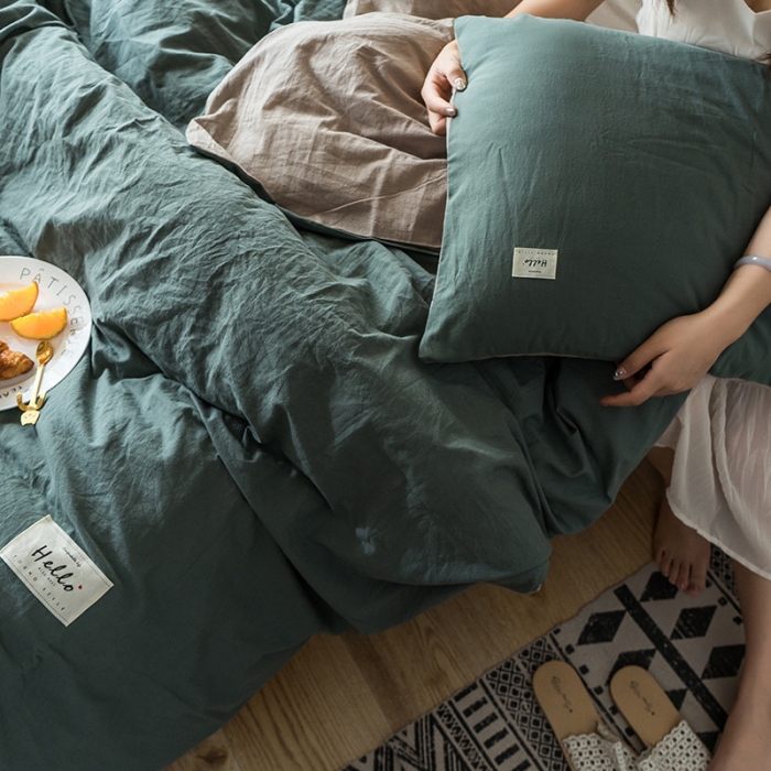 91家纺网 家纺一手货源 找家纺 蓝巢家纺 全棉水洗棉学生季三件套 绿卡其