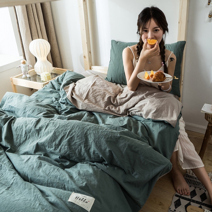 91家纺网 家纺一手货源 找家纺 蓝巢家纺 全棉水洗棉学生季三件套 绿卡其