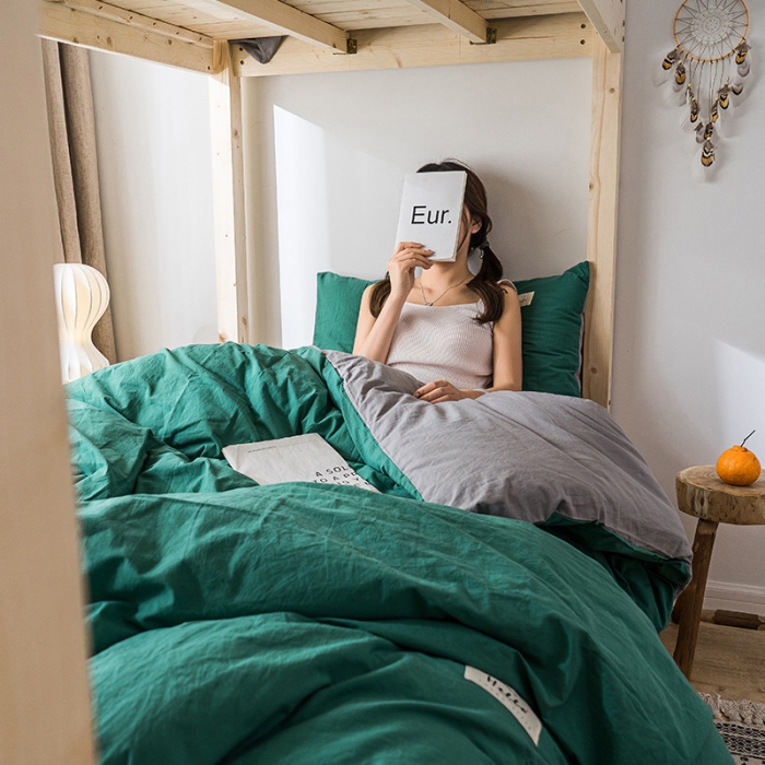 91家纺网 家纺一手货源 找家纺 蓝巢家纺 全棉水洗棉学生季三件套 墨绿浅灰