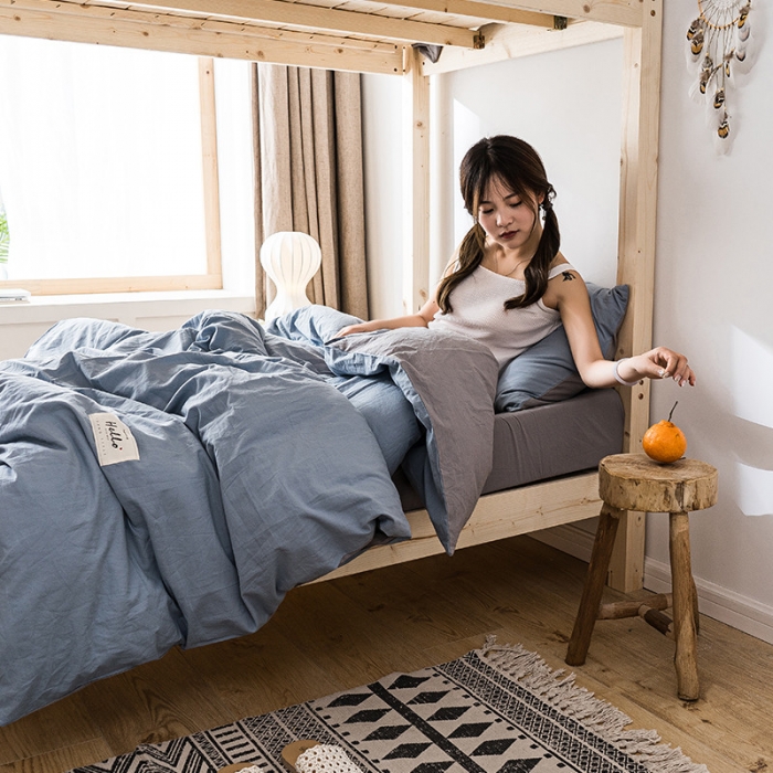 91家纺网 家纺一手货源 找家纺 蓝巢家纺 全棉水洗棉学生季三件套 浅蓝灰